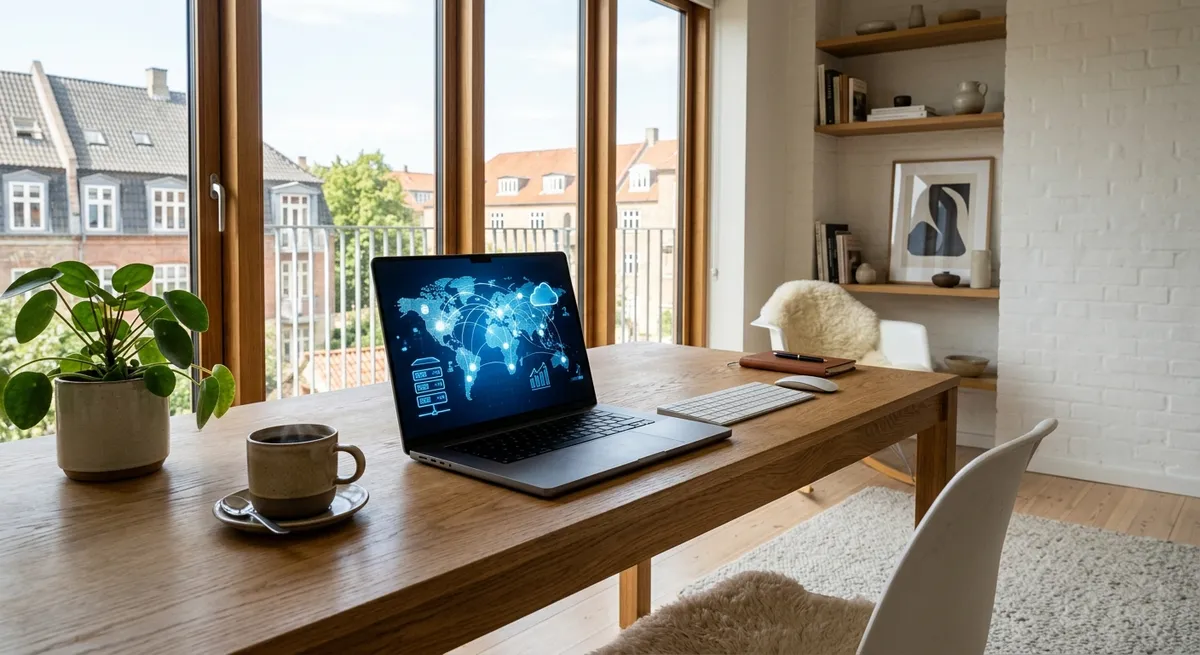 Bærbar computer på moderne skandinavisk skrivebord der illustrerer hurtig webhosting og cloud-servere