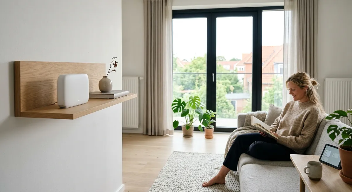 En hvid trådløs router placeret i en lys nordisk stue der sikrer hurtigt internet til smart home enheder